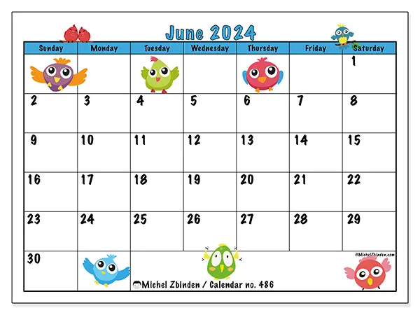 Free printable calendar no. 486 for June 2024. Week: Sunday to Saturday.