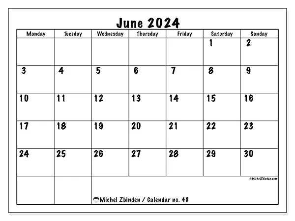 Free printable calendar no. 48 for June 2024. Week: Monday to Sunday.