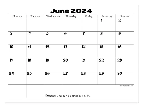 Free printable calendar no. 49 for June 2024. Week: Monday to Sunday.