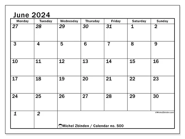 Free printable calendar no. 500 for June 2024. Week: Monday to Sunday.