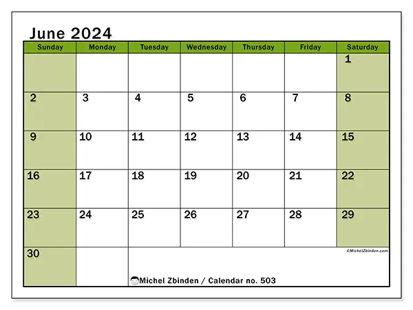 Free printable calendar no. 503 for June 2024. Week: Sunday to Saturday.