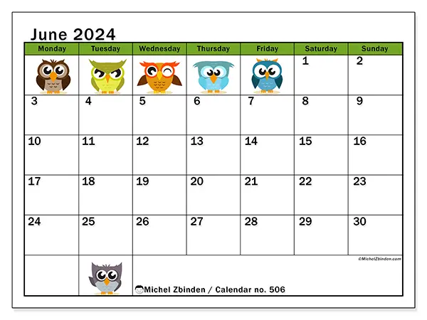 Free printable calendar no. 506 for June 2024. Week: Monday to Sunday.