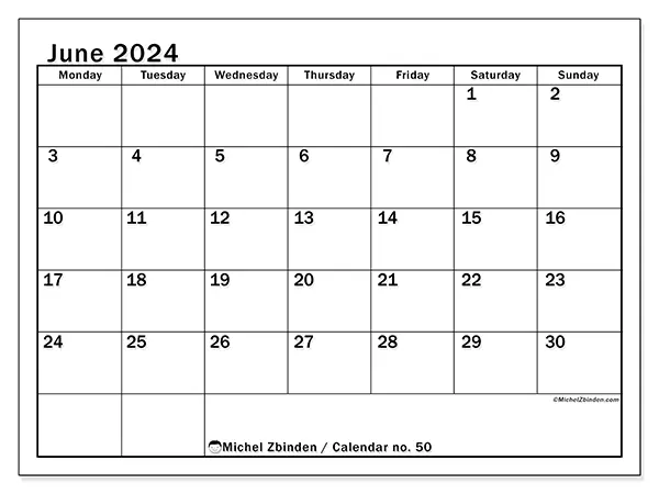 Free printable calendar no. 50 for June 2024. Week: Monday to Sunday.