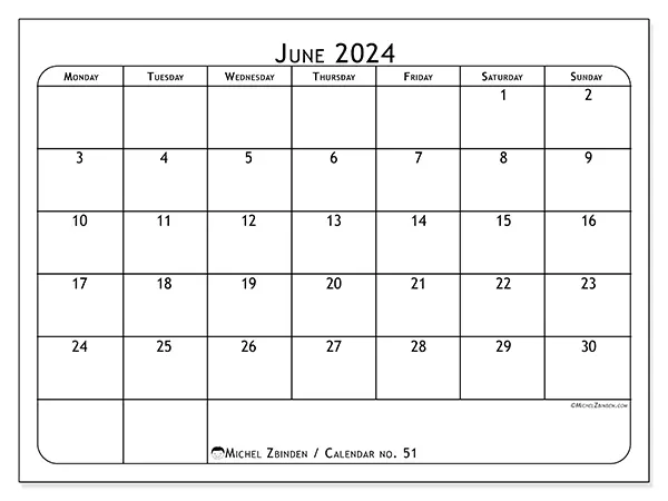 Printable calendar no. 51, June 2024
