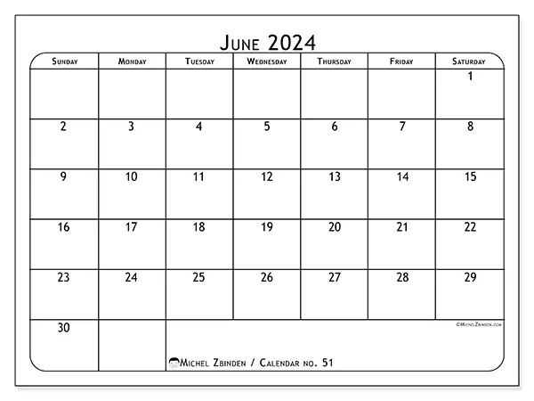 Free printable calendar no. 51 for June 2024. Week: Sunday to Saturday.
