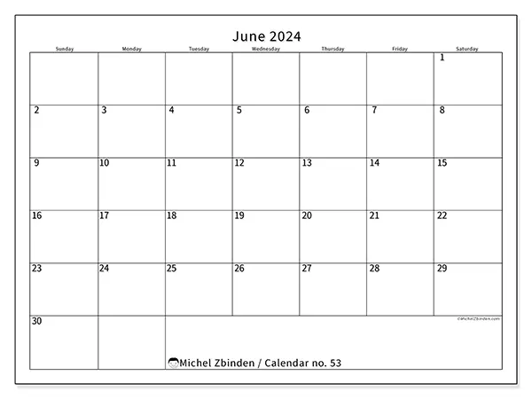 Free printable calendar no. 53 for June 2024. Week: Sunday to Saturday.