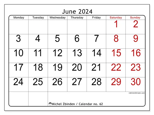 Free printable calendar no. 62 for June 2024. Week: Monday to Sunday.