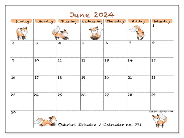 Free printable calendar no. 771 for June 2024. Week: Sunday to Saturday.