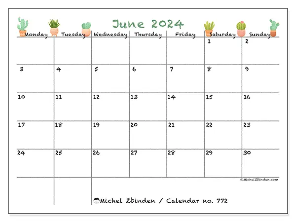 Free printable calendar no. 772 for June 2024. Week: Monday to Sunday.