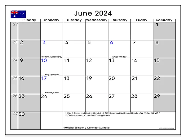 Free printable calendar Australia for June 2024. Week: Sunday to Saturday.