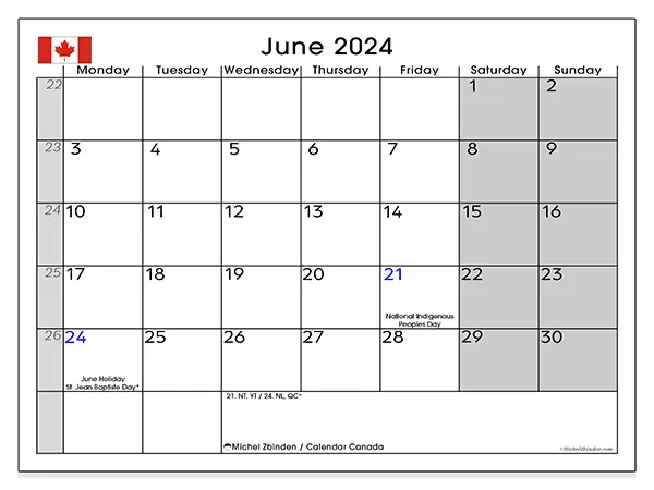 Free printable calendar Canada for June 2024. Week: Monday to Sunday.