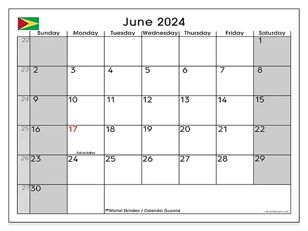 Free printable calendar Guyana for June 2024. Week: Sunday to Saturday.