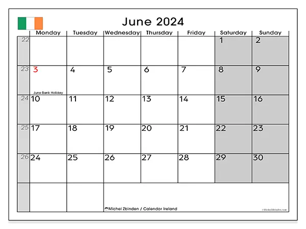 Printable calendar Ireland, June 2024