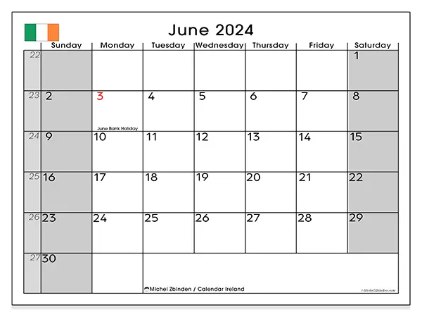 Free printable calendar Ireland for June 2024. Week: Sunday to Saturday.