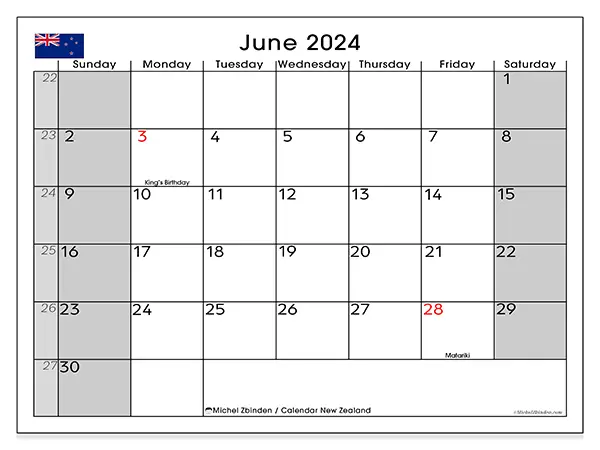 Free printable calendar New Zealand for June 2024. Week: Sunday to Saturday.
