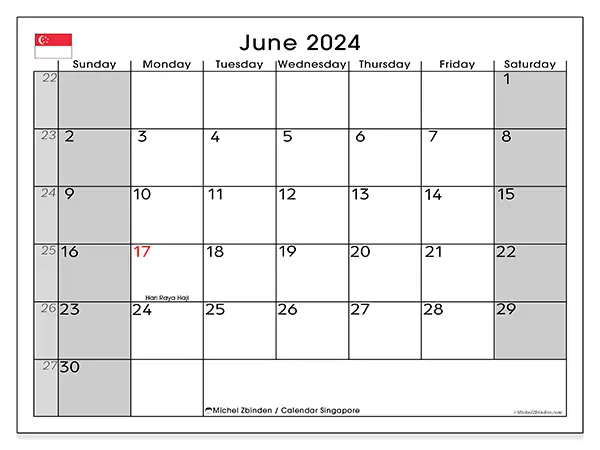 Free printable calendar Singapore for June 2024. Week: Sunday to Saturday.