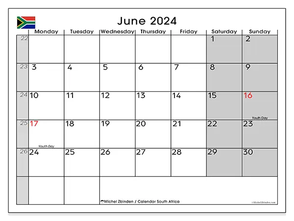 Printable calendar South Africa, June 2024