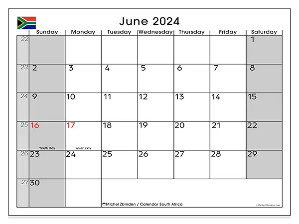 Free printable calendar South Africa for June 2024. Week: Sunday to Saturday.
