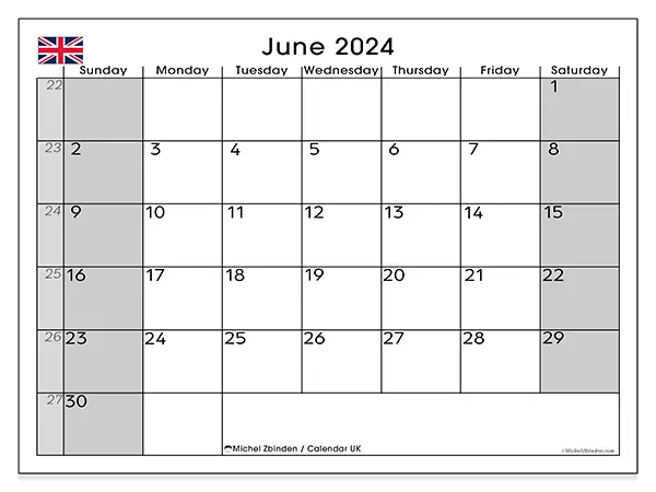 Free printable calendar UK for June 2024. Week: Sunday to Saturday.