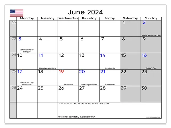 Free printable calendar USA for June 2024. Week: Monday to Sunday.