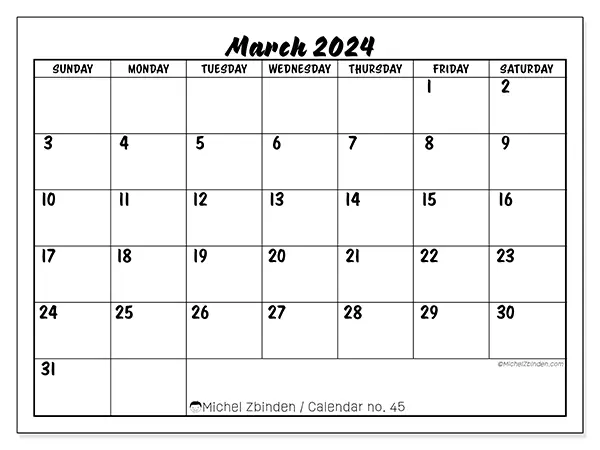 Printable calendar no. 45, March 2024