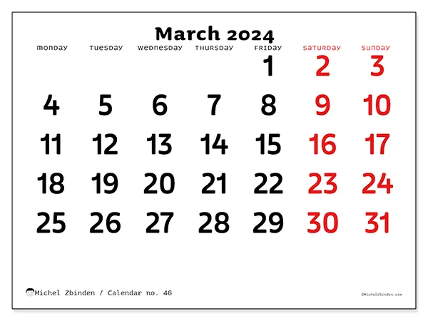 Printable calendar no. 46, March 2024