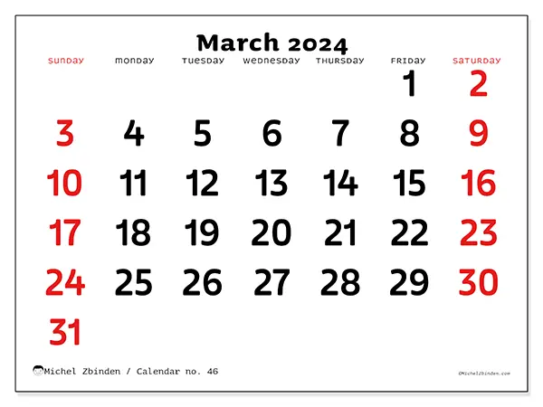 Free printable calendar no. 46, March 2025. Week:  Sunday to Saturday