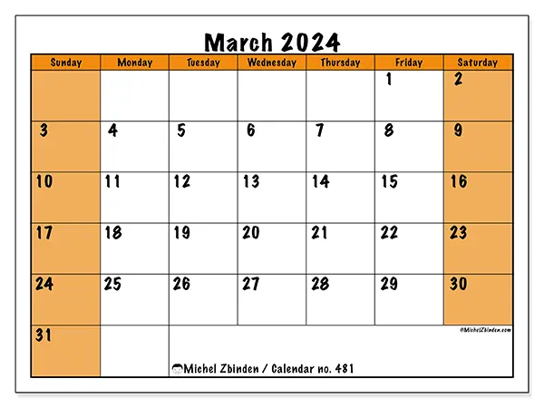 Free printable calendar no. 481 for March 2024. Week: Sunday to Saturday.