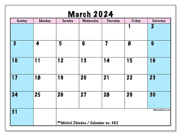 Free printable calendar no. 482, March 2025. Week:  Sunday to Saturday