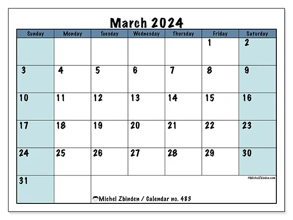 Free printable calendar no. 483, March 2025. Week:  Sunday to Saturday