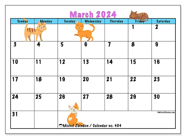 Free printable calendar no. 484, March 2025. Week:  Sunday to Saturday