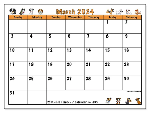 Free printable calendar no. 485, March 2025. Week:  Sunday to Saturday