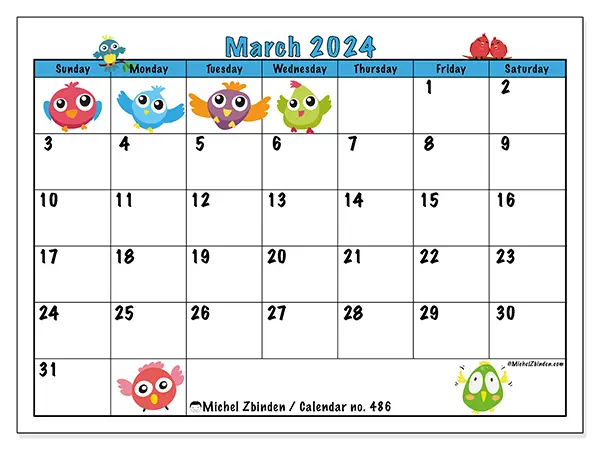 Free printable calendar no. 486, March 2025. Week:  Sunday to Saturday