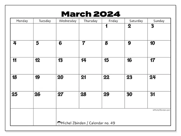 Printable calendar no. 49, March 2024