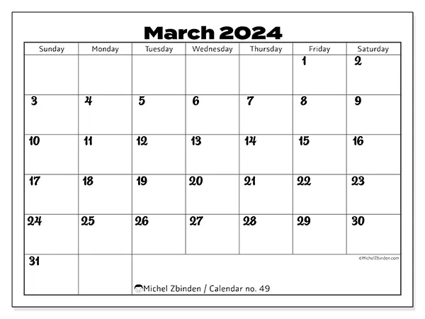 Free printable calendar no. 49, March 2025. Week:  Sunday to Saturday