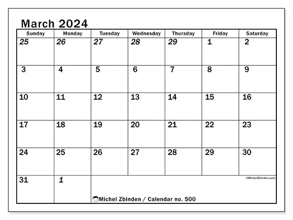 Printable calendar no. 500, March 2024
