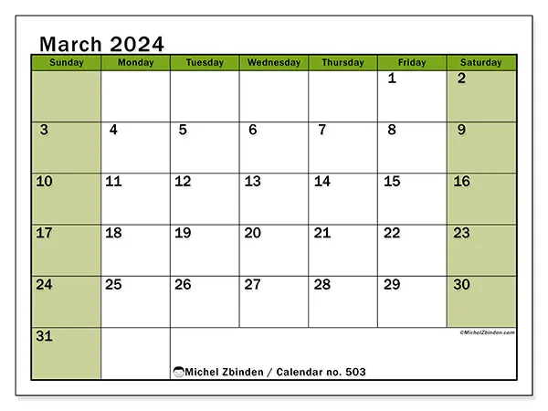 Free printable calendar no. 503, March 2025. Week:  Sunday to Saturday