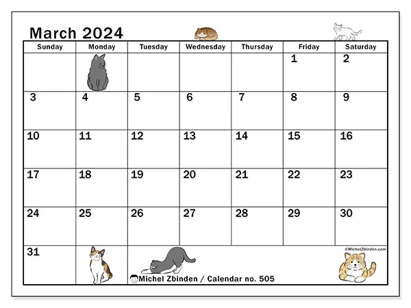 Free printable calendar no. 505, March 2025. Week:  Sunday to Saturday