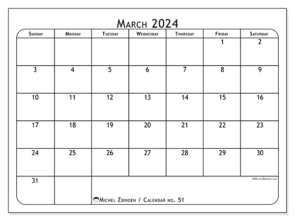 Free printable calendar no. 51, March 2025. Week:  Sunday to Saturday