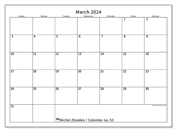 Free printable calendar no. 53, March 2025. Week:  Sunday to Saturday