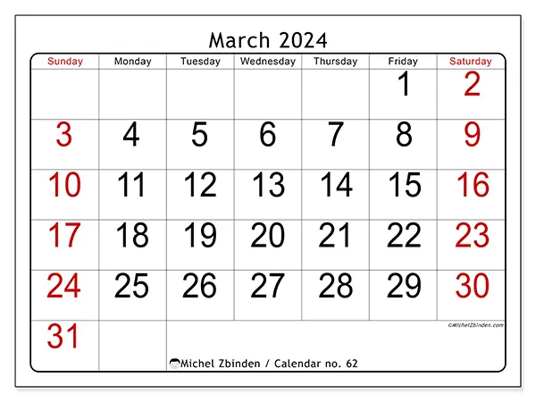 Free printable calendar no. 62 for March 2024. Week: Sunday to Saturday.