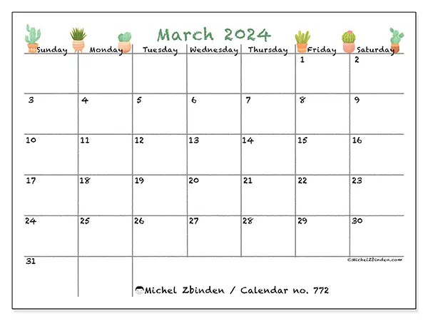 Free printable calendar no. 772, March 2025. Week:  Sunday to Saturday
