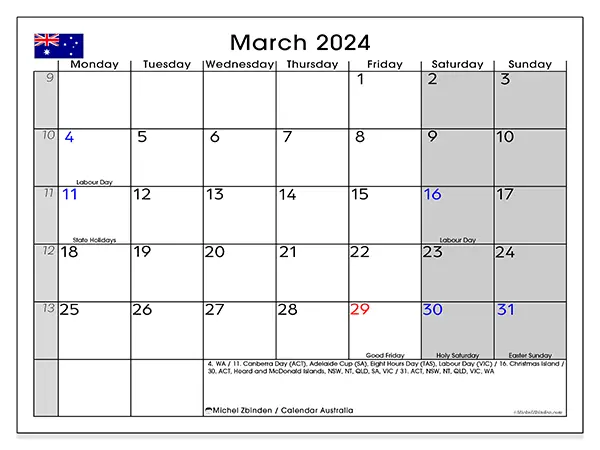 Printable calendar Australia, March 2024
