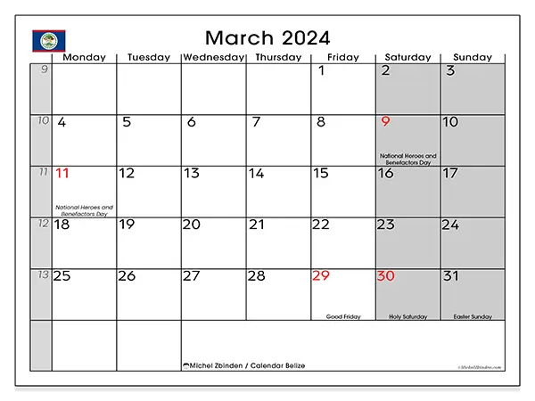 Printable calendar Belize, March 2024