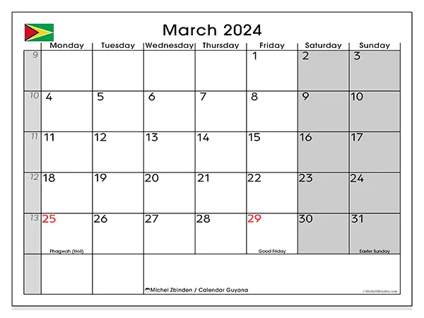Printable calendar Guyana, March 2024