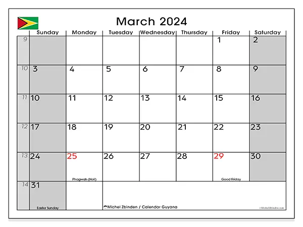 Free printable calendar Guyana, March 2025. Week:  Sunday to Saturday