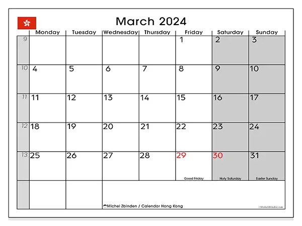 Printable calendar Hong Kong, March 2024