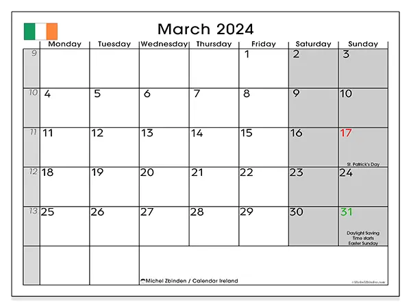 Printable calendar Ireland, March 2024