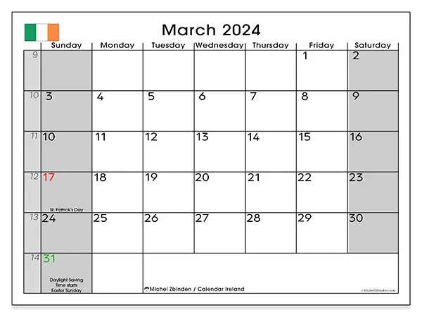 Free printable calendar Ireland for March 2024. Week: Sunday to Saturday.