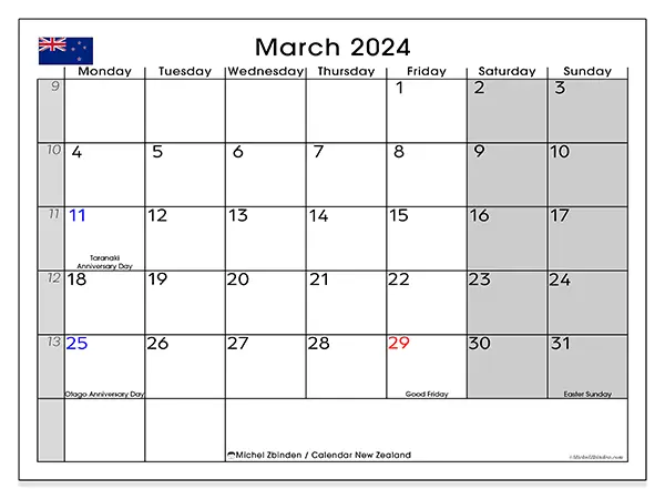 Printable calendar New Zealand, March 2024